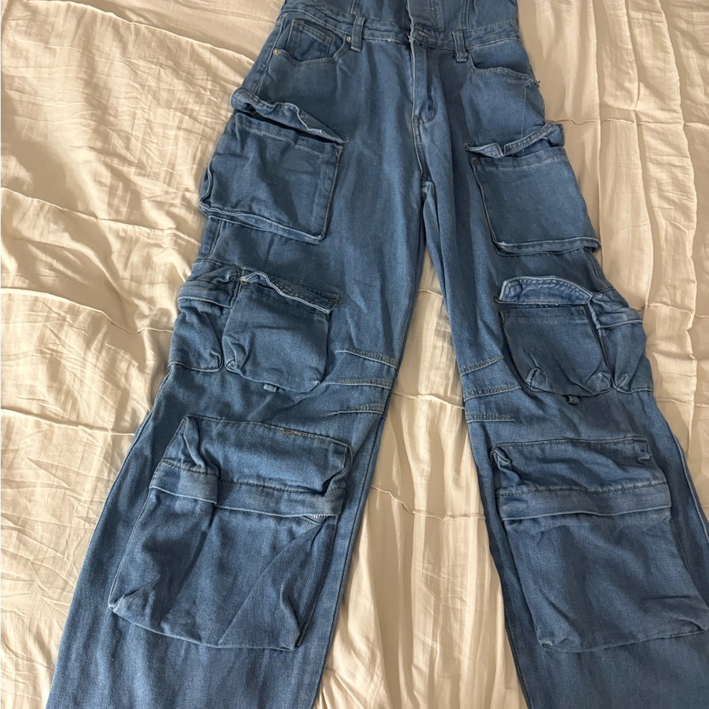 Fashion Nova Denim Wide Leg Cargo Pants